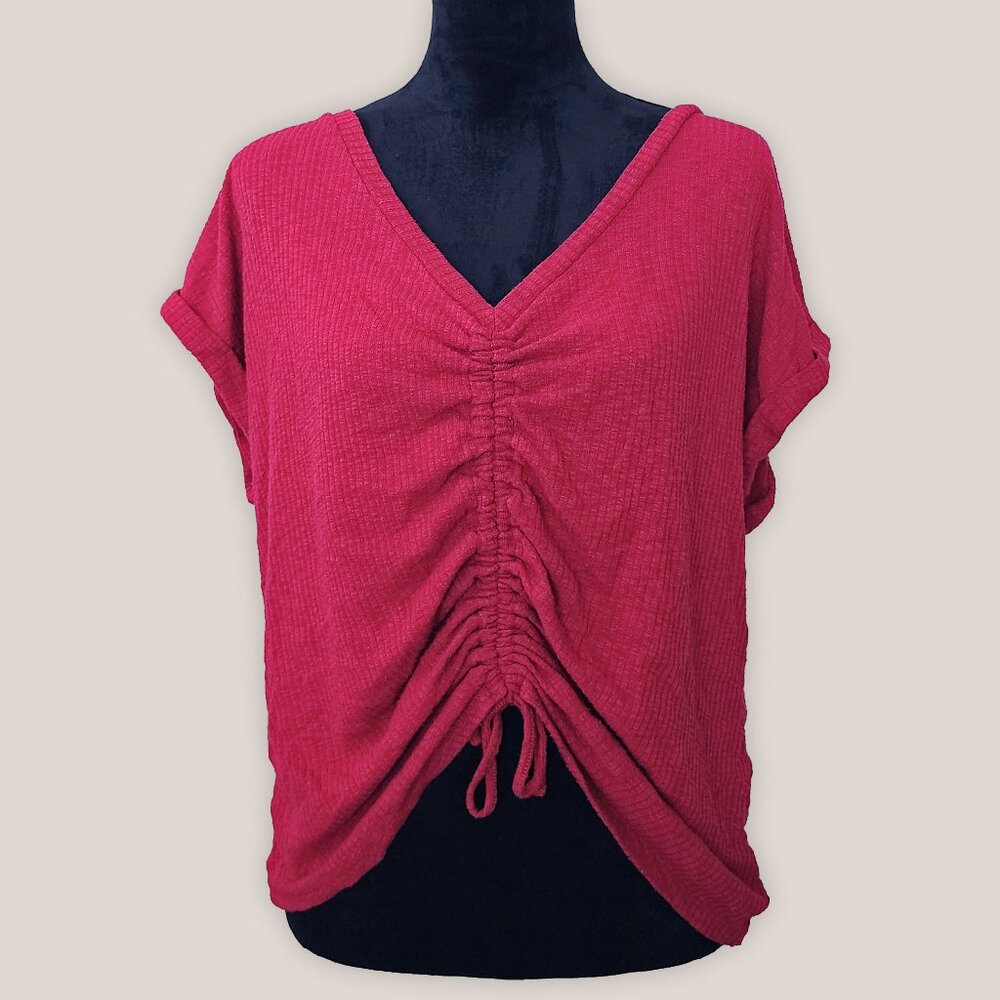 No Boundaries Tie Ruched Front Top Criss Cross Back Ribbed Blouse Berry Red